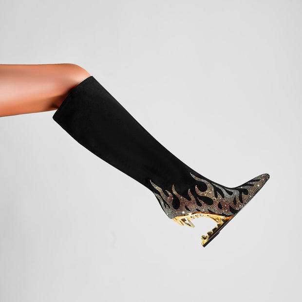 Metallic Flames Bite Heel Black Knee High Boots-1