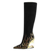 Metallic Flames Bite Heel Black Knee High Boots-2