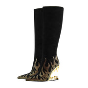 Metallic Flames Bite Heel Black Knee High Boots-3