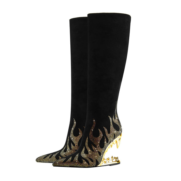Metallic Flames Bite Heel Black Knee High Boots-3