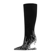 Metallic Flames Bite Heel Black Knee High Boots-5