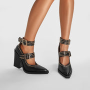 Metallic Rivets Black Double Buckle Mary Jane Pumps-1