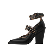 Metallic Rivets Black Double Buckle Mary Jane Pumps-2