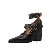 Metallic Rivets Black Double Buckle Mary Jane Pumps-3