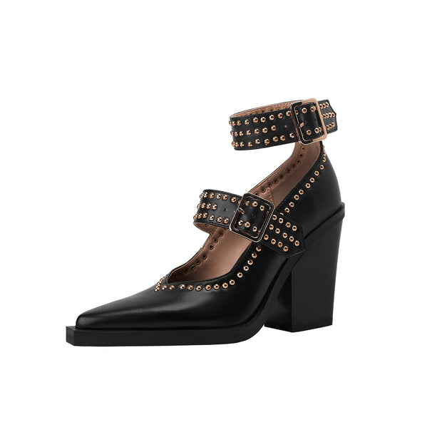 Metallic Rivets Black Double Buckle Mary Jane Pumps-3