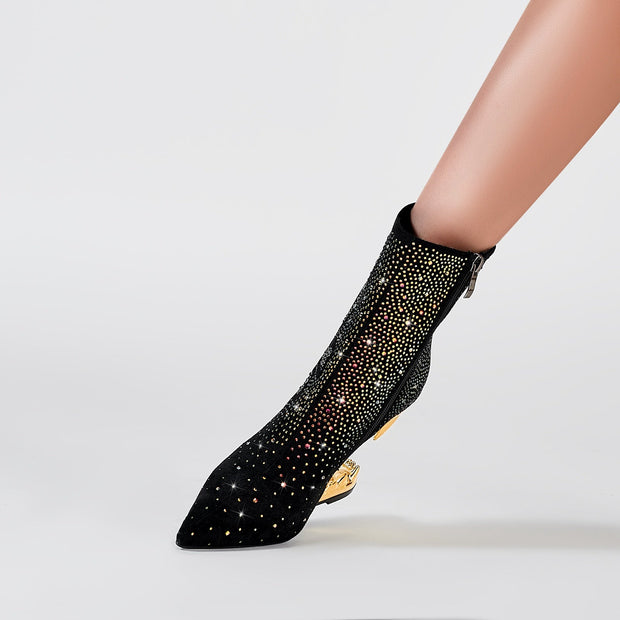 Metallic Skull and Bones Bite Heel Black Ankle Boots-1