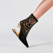 Metallic Skull and Bones Bite Heel Black Ankle Boots-2