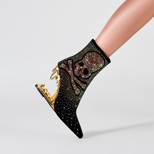 Metallic Skull and Bones Bite Heel Black Ankle Boots-2