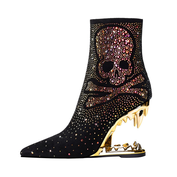 Metallic Skull and Bones Bite Heel Black Ankle Boots-0