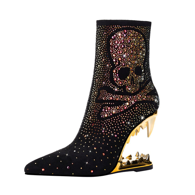 Metallic Skull and Bones Bite Heel Black Ankle Boots-3