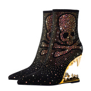Metallic Skull and Bones Bite Heel Black Ankle Boots-4