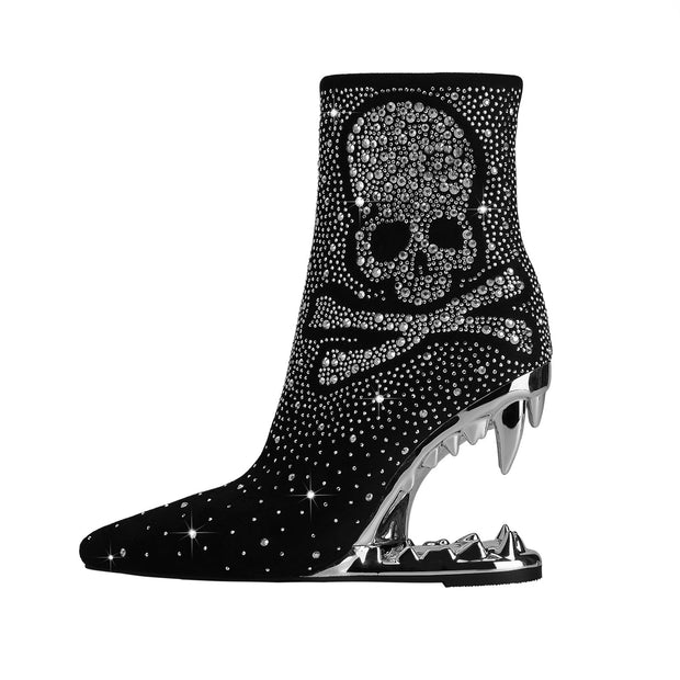 Metallic Skull and Bones Bite Heel Black Ankle Boots-5