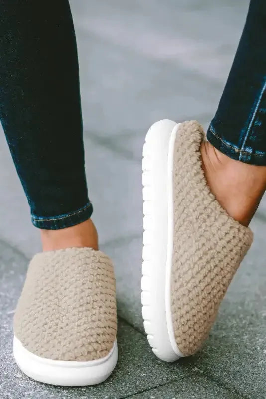 Pale Khaki Two-tone Knitted Warm Homewear Slippers-3
