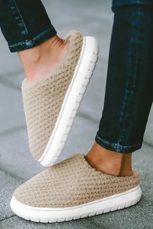 Pale Khaki Two-tone Knitted Warm Homewear Slippers-0