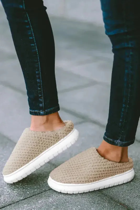 Pale Khaki Two-tone Knitted Warm Homewear Slippers-4