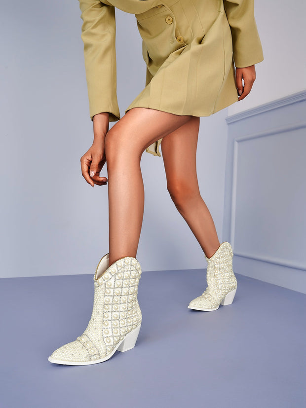Pearl Embellished White Cowgirl Boots-2