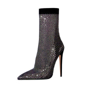 Rhinestone Mesh Bling Pointed Toe Sock Boots-2