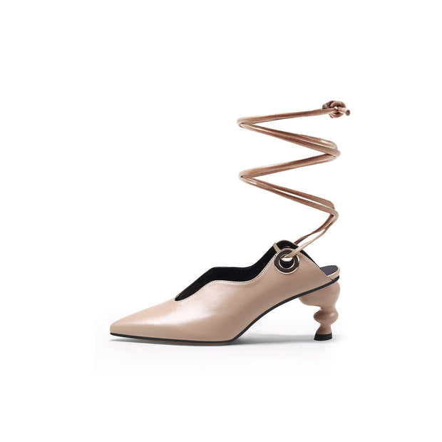 Scallop Trim Leather Tie Up Heels-0