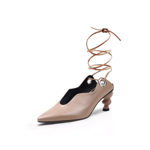 Scallop Trim Leather Tie Up Heels-1