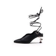 Scallop Trim Leather Tie Up Heels-5
