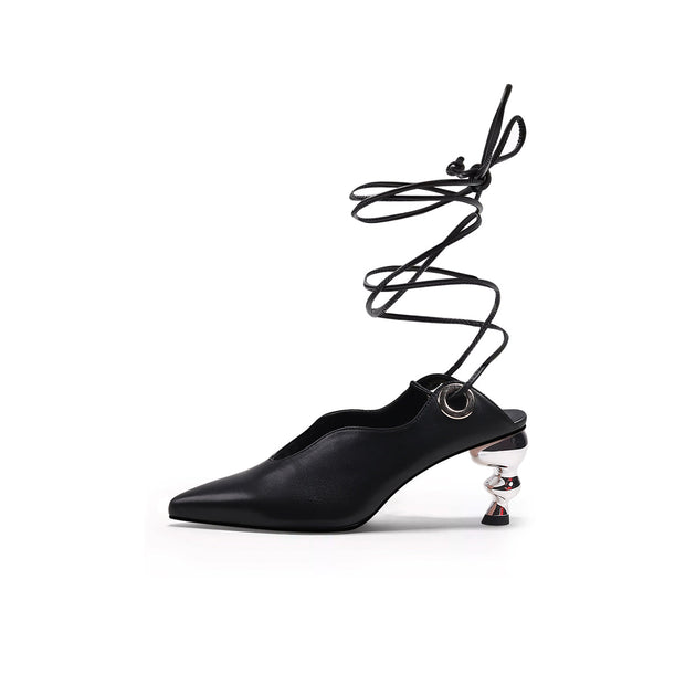 Scallop Trim Leather Tie Up Heels-5
