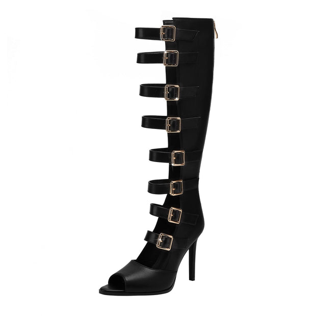 Seductive Open Toe Sandals with Knee High Gladiator Buckle Straps-3