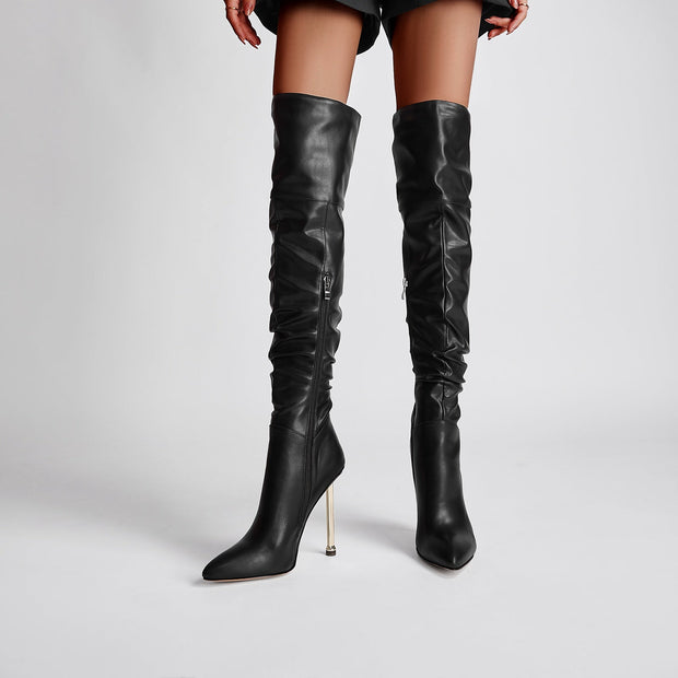 Sexy Pointed Toe Black Ruched Knee High Boots-0