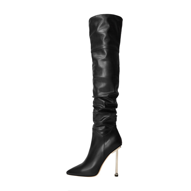 Sexy Pointed Toe Black Ruched Knee High Boots-1