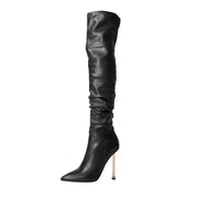 Sexy Pointed Toe Black Ruched Knee High Boots-2