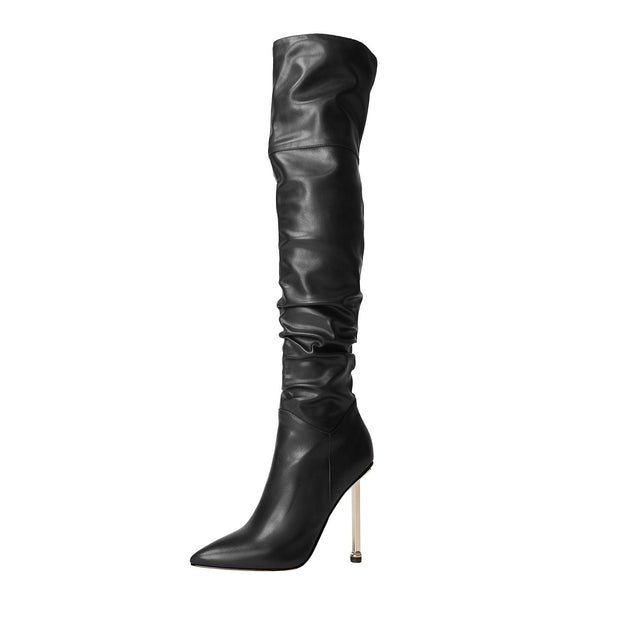 Sexy Pointed Toe Black Ruched Knee High Boots-2