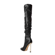 Sexy Pointed Toe Black Ruched Knee High Boots-3