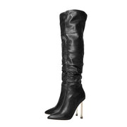 Sexy Pointed Toe Black Ruched Knee High Boots-4