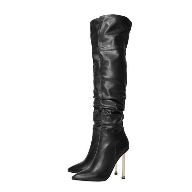 Sexy Pointed Toe Black Ruched Knee High Boots-4