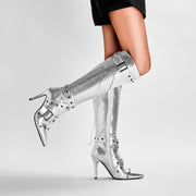 Sexy Silver Buckle Strap Rivet Knee High Boots-0