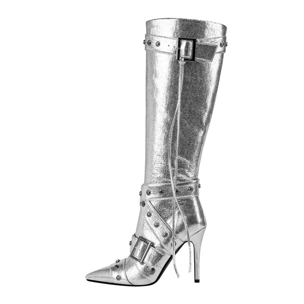 Sexy Silver Buckle Strap Rivet Knee High Boots-2
