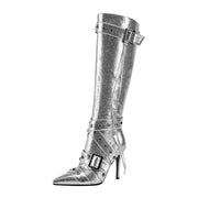 Sexy Silver Buckle Strap Rivet Knee High Boots-3