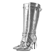 Sexy Silver Buckle Strap Rivet Knee High Boots-4