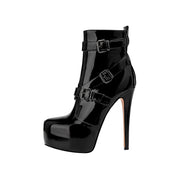 Shiny Black Leather Buckle Vinyl Ankle Boots-1