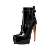 Shiny Black Leather Buckle Vinyl Ankle Boots-2