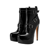 Shiny Black Leather Buckle Vinyl Ankle Boots-3