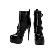 Shiny Black Leather Buckle Vinyl Ankle Boots-4