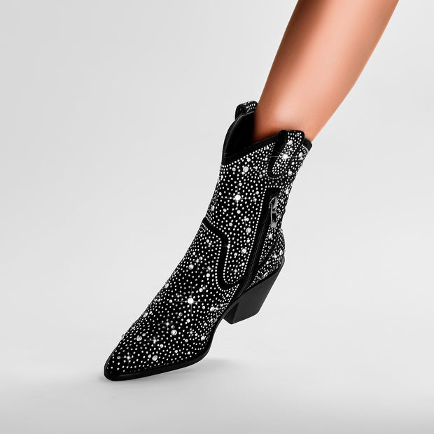 Silver Encrusted Black Pointed Toe Ankle Boots-1