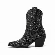 Silver Encrusted Black Pointed Toe Ankle Boots-3