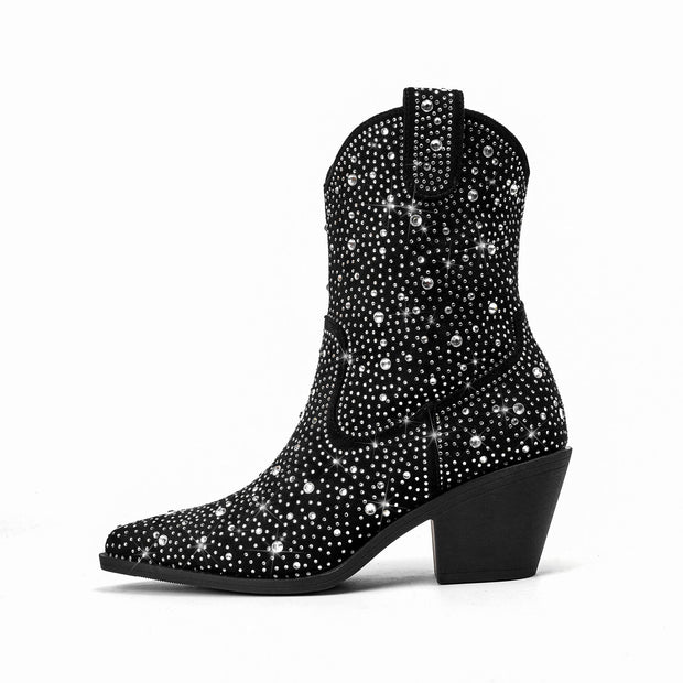 Silver Encrusted Black Pointed Toe Ankle Boots-3