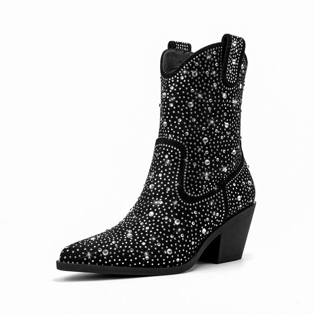 Silver Encrusted Black Pointed Toe Ankle Boots-4