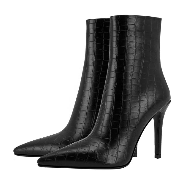 Sleek Black Leather Pointed Ankle Boots-4