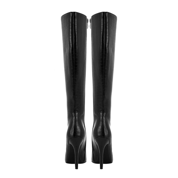 Sleek Black Leather Pointed Knee High Boots-4