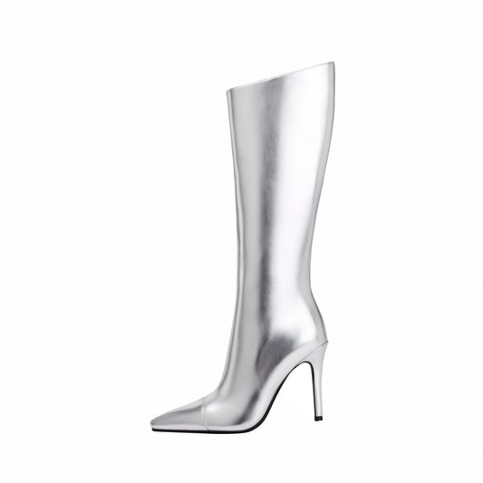 Sleek Silver Metallic Pointed Knee High Boots-0