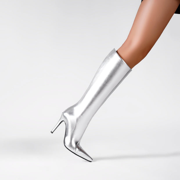 Sleek Silver Metallic Pointed Knee High Boots-1
