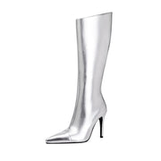 Sleek Silver Metallic Pointed Knee High Boots-2
